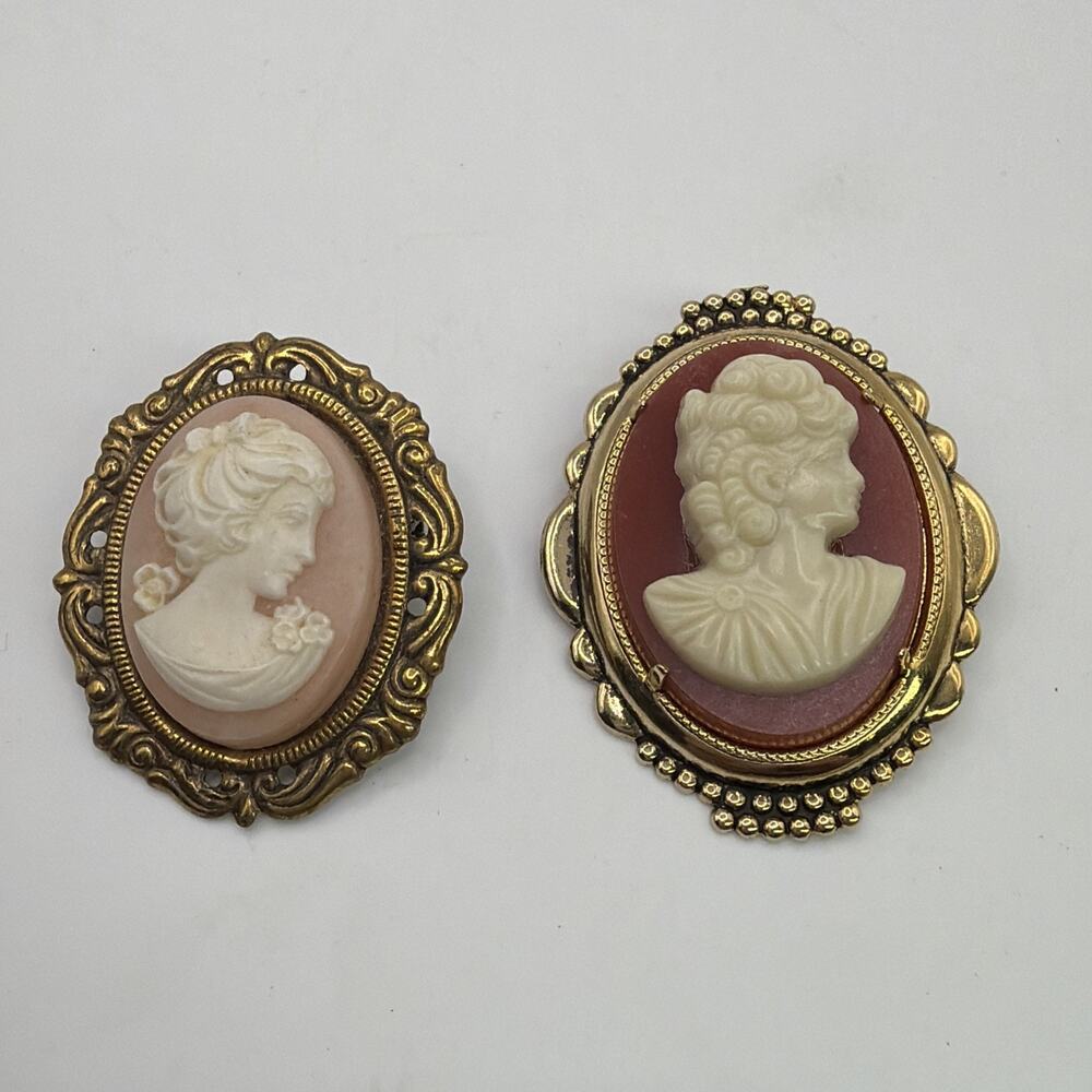 Vintage Faux Cameo Brooch Victorian Revival Ornate Gold Tone Pink Brown Portrait